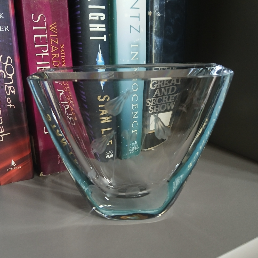Vintage Strombergshyttan Swedish Ice Blue Tint Crystal Vase Etched Floral Signed
